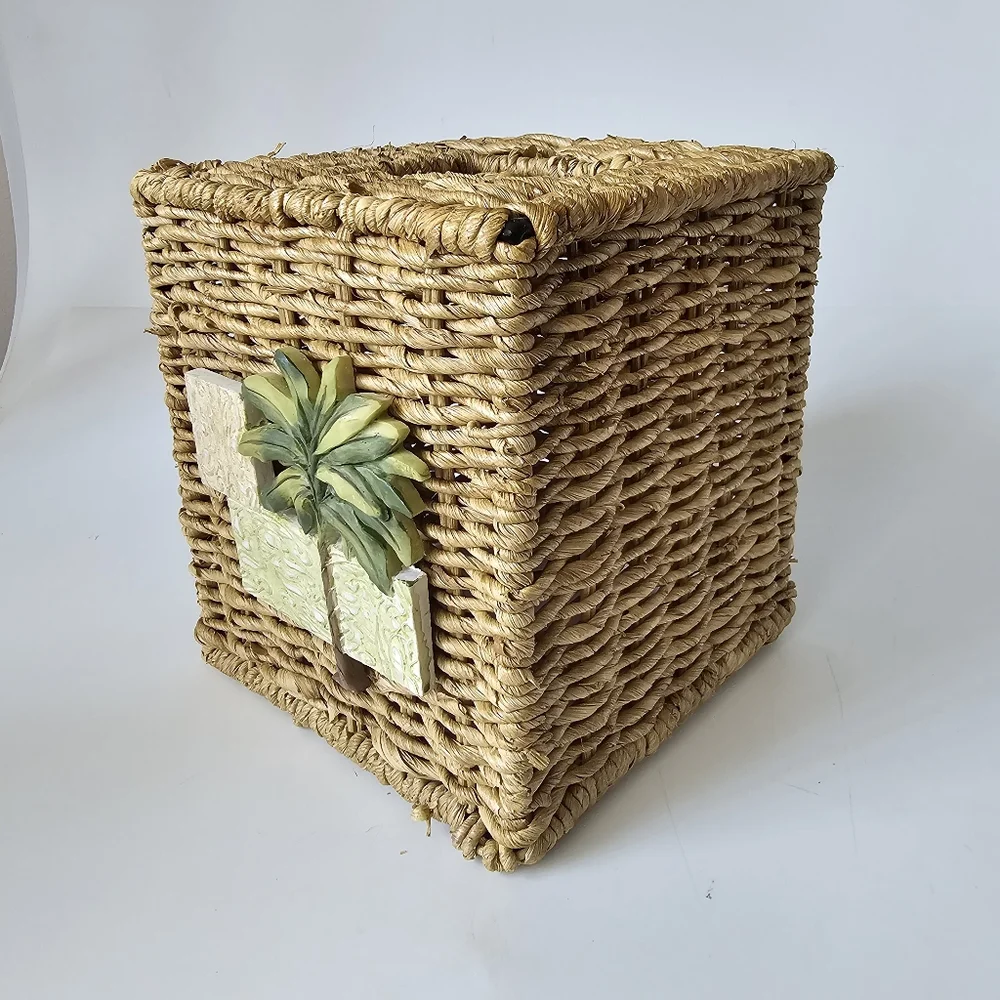 VTG Wicker Tissue Box Cover Holder Green Porcelain Tree Detail Boho Home…